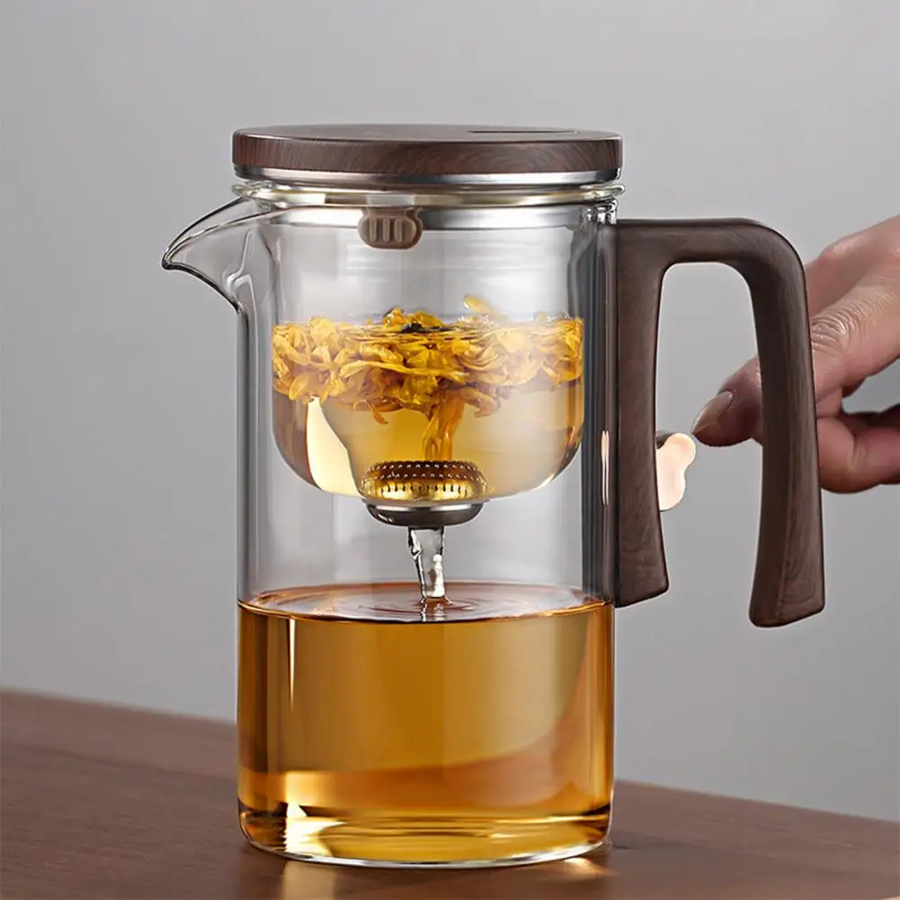 520/720/900ml Glass Tea Pot with Infuser Wooden Handle Heat Resistant Drip-Free Spout Water Separation Teapot Easy to Clean Tea