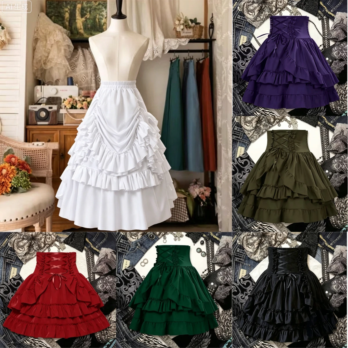 Vintage Sommer Y2k Gothic Retro Lolita Rock Damen Mittelalterlicher Tüllrock Mode Cosplay Kostüm Flauschiger Mehrlagiger Puffrock Neu