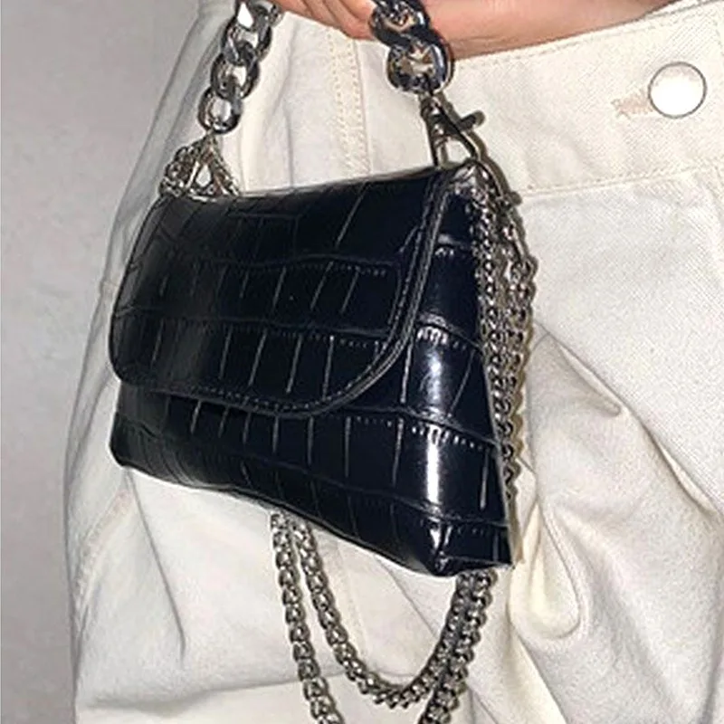 

Black Tote Bag for Women Crocodile Pattern Designer Luxury Chain Small Square Crossbody Bag Fashion Simple Shoulder Bag