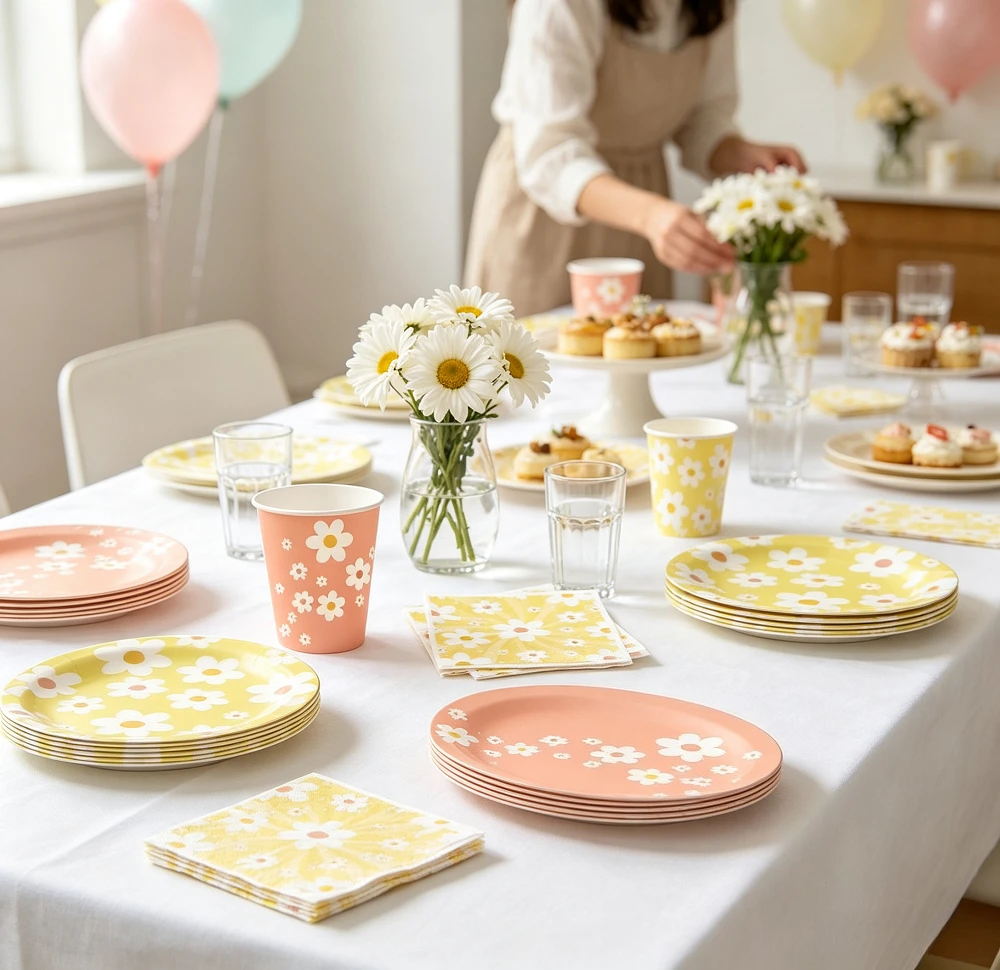 Fresh Daisy Disposable Tableware Set Paper Plate Paper Cup Garden Party Birthday Bridal Tea Party Anniversary Banquet Decoration