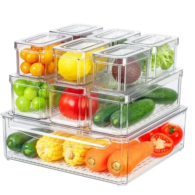 10 Pack Fridge Organizer, Stackable Refrigerator Organizer Bins with Lids,  Drinks, Vegetable Storage Kitchen Transparent