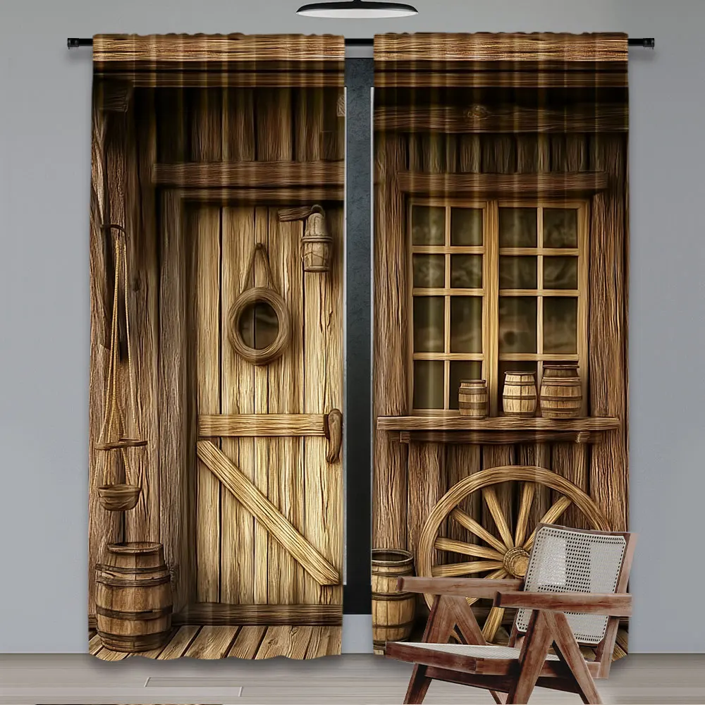 2Pcs Vintage Farm Barn Wooden House Printed Curtain Suitable For Bedroom Bathroom Living Room Dining Room Study Room Office A