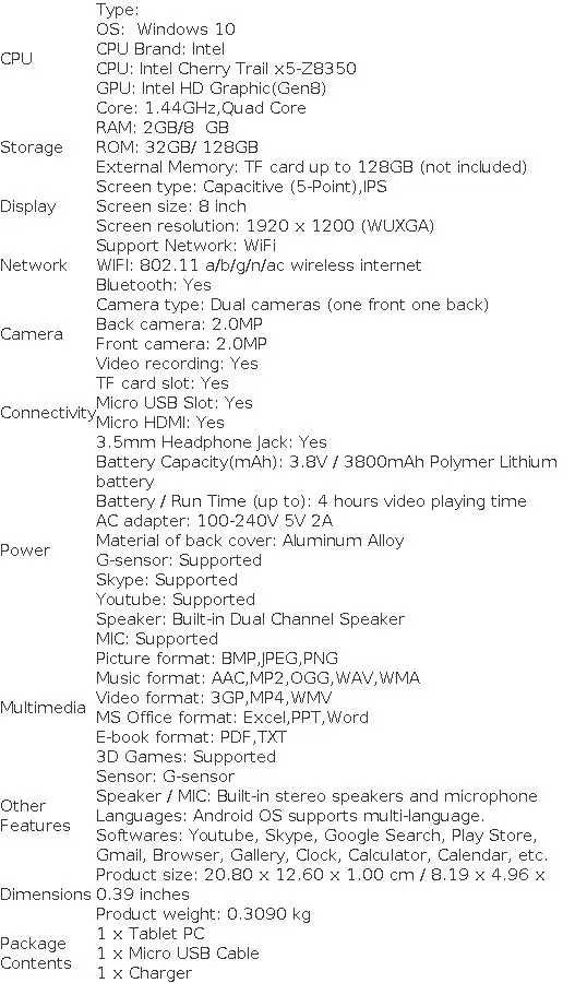 Newest Sales 8 INCH A1 Windows 10 Tablet PC 8GB RAM 128GB ROM X80 1280*800 IPS Screen WIFI Quad Core Single Camera