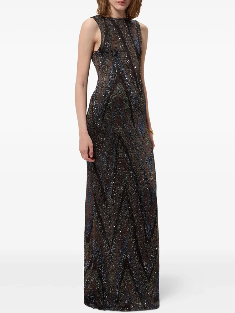 Spring Summer Fashion Vintage Zigzag Pattern Knitting Vintage Long Dress Women's O-Neck Sleeveless Sequins Back Split Dresses