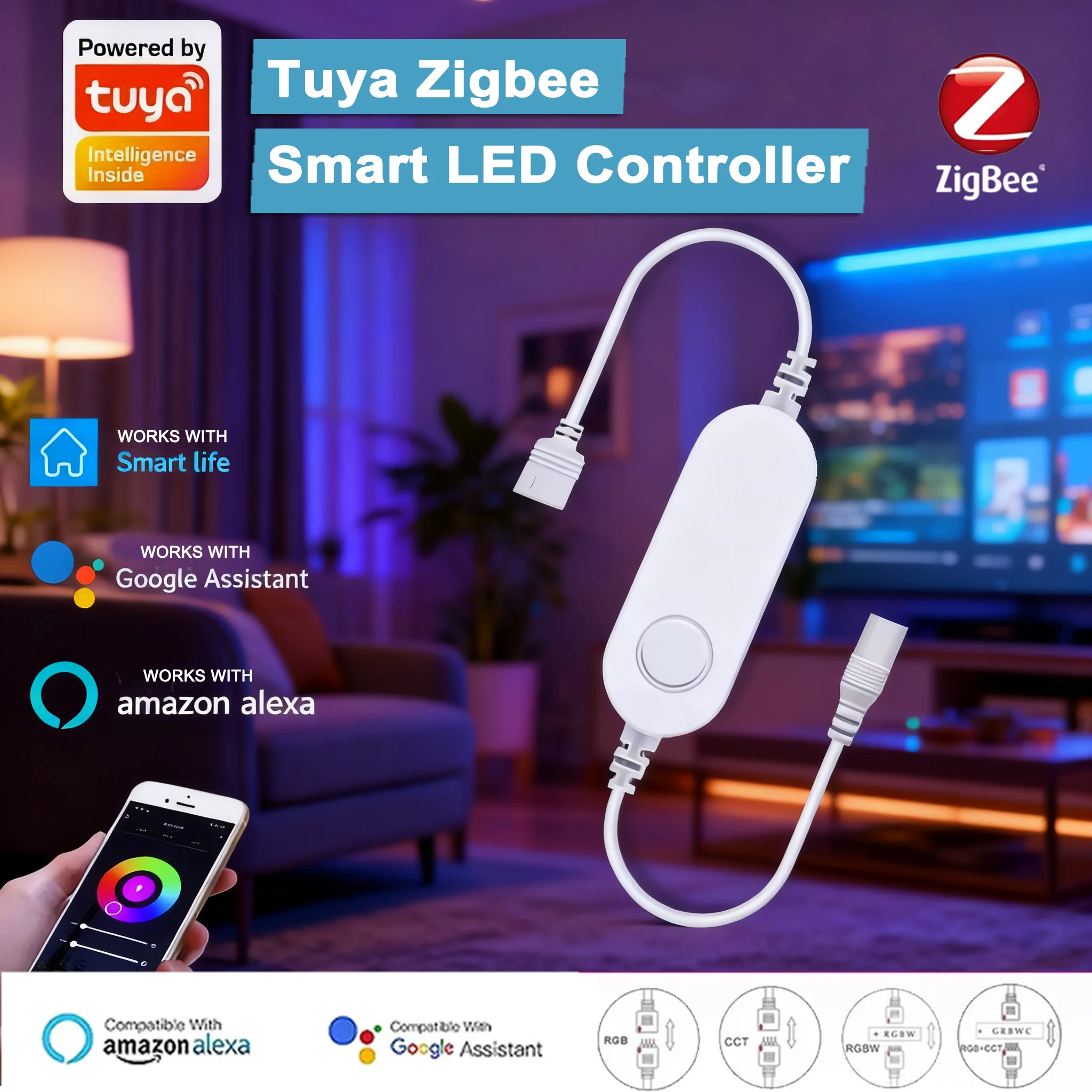 

Контроллер светодиодных лент Tuya Zigbee — многонапряжение постоянного тока 5 В/12 В/24 В, одноцветный с регулируемой яркостью/CCT/RGB/RGBW, управление Smart Life и Alexa