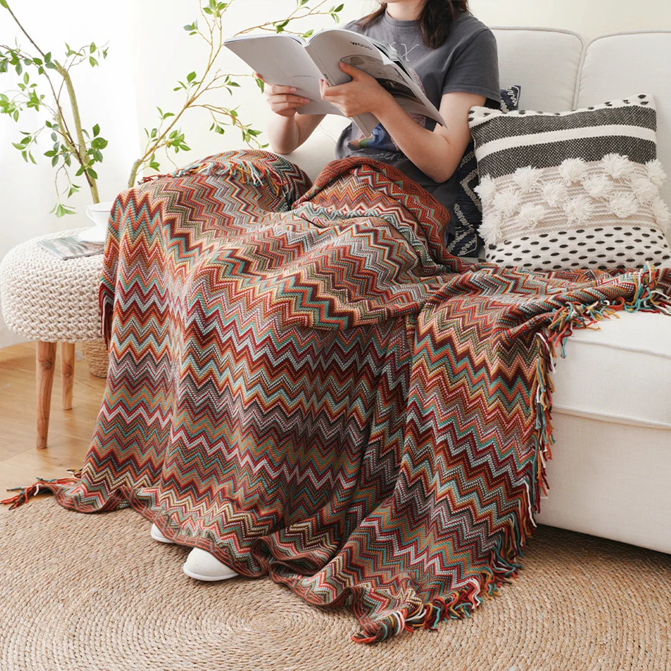 Battilo Boho Throw Blanket Lightweight Knit Throw With Tassels Bohemian Woven Sofa Blankets Soft Bed Plaid Decorative Blanket