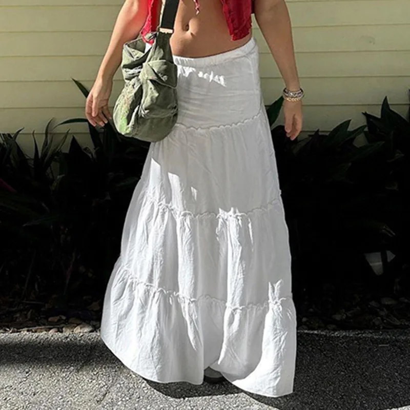 

Boho Holiday Vintage White Loose Pleated Skirts Chic Women High Waist Maxi Long A-line Skirt Fairy Cottage Y2K Grunge Streetwear