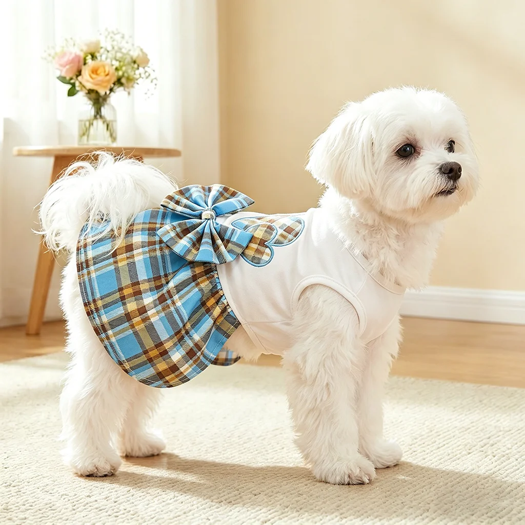 Vestido chaleco para perro blanco cuadros azules con lazo y corazones - imagen 4