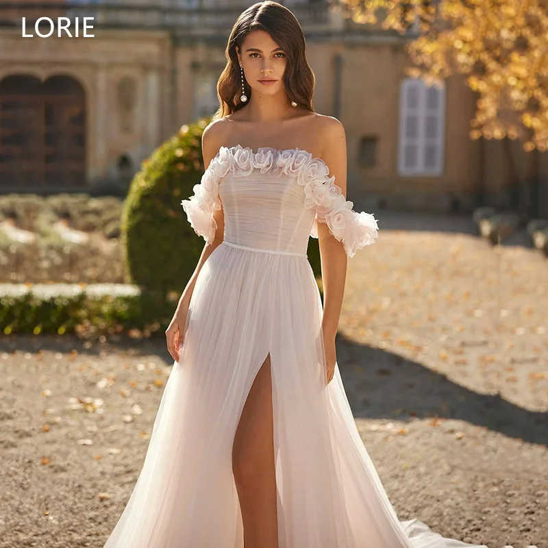 

LORIE Elegant Illusion Off The Shoulder Wedding Dresses Flowers A-Line Sleeveless Bride Prom Gown Slit Bridal Gowns Customized