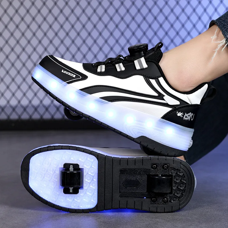 LED Unisex Children Shoes Two Wheels Swivel Button USB Recharge Boy & Girls Roller Skates Kids Sneakers Size 28-39