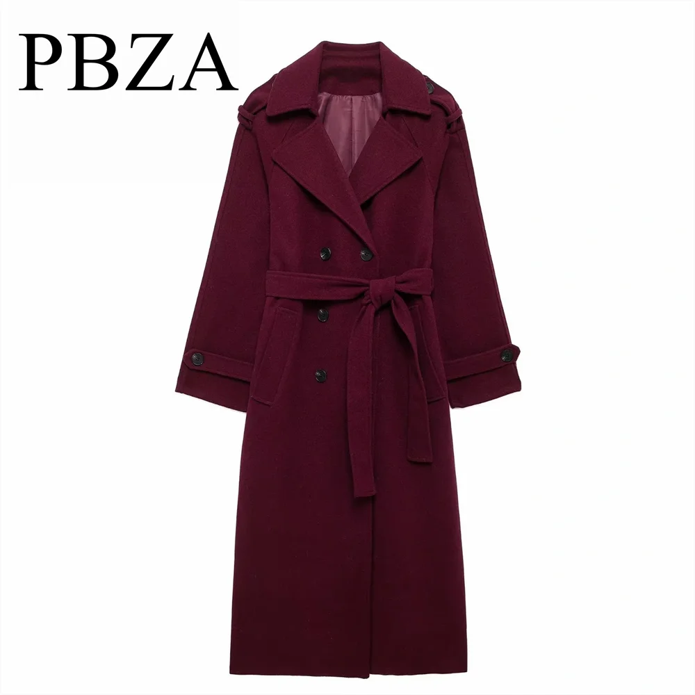 

2024 autumn new women's clothing retro loose casual double breasted buckle with belt long woolen trench coat jacket