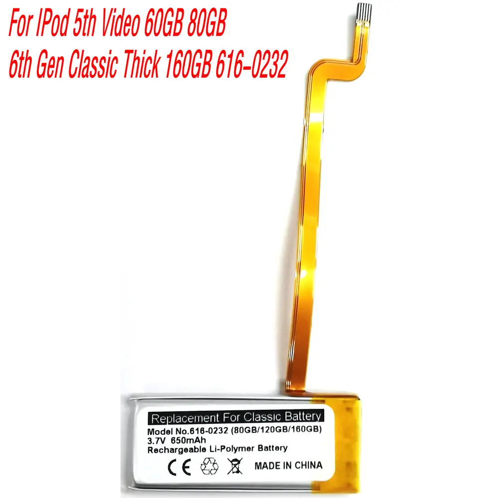 

3.7V 650mAh 616-0232 Li-Polymer Battery For IPod 5th Video 60GB 80GB 6th Gen Classic Thick 160GB