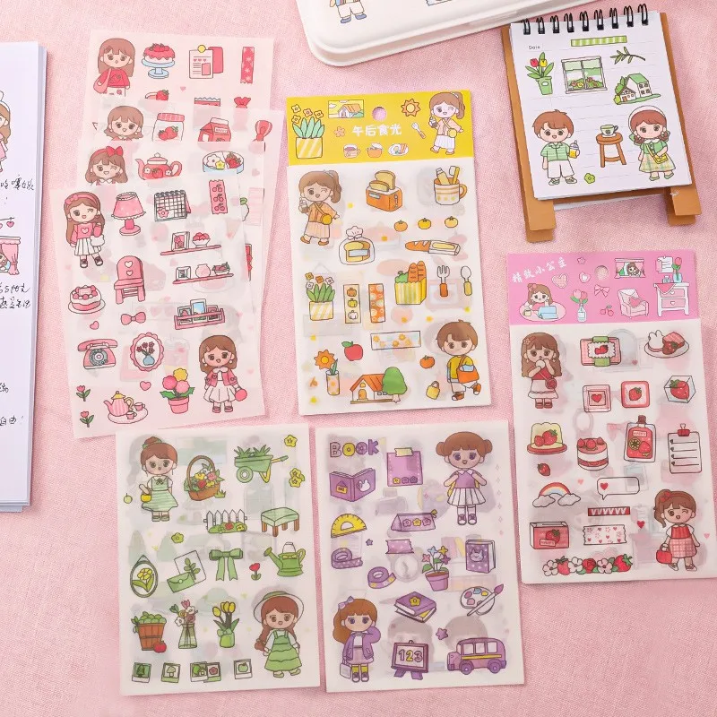 6 Packs of 24 Sheets in Total Cute Girl Hand Account Stickers DIY Stationery Materials Creative Cartoon Scrapbook Decoration