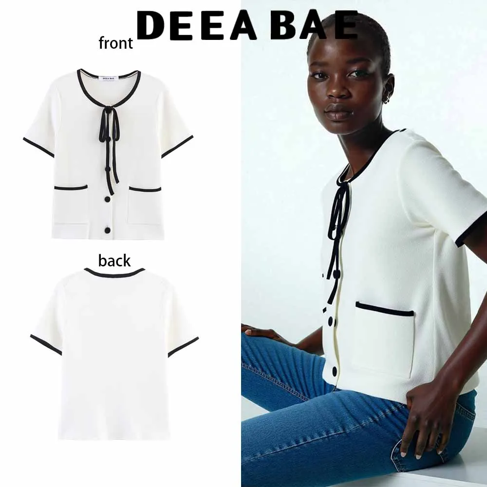 

DEEABAE 2025 Summer New Women's Sexy and Fashionable Cross Color Edge Round Neck Short Sleeve Knitted Coat