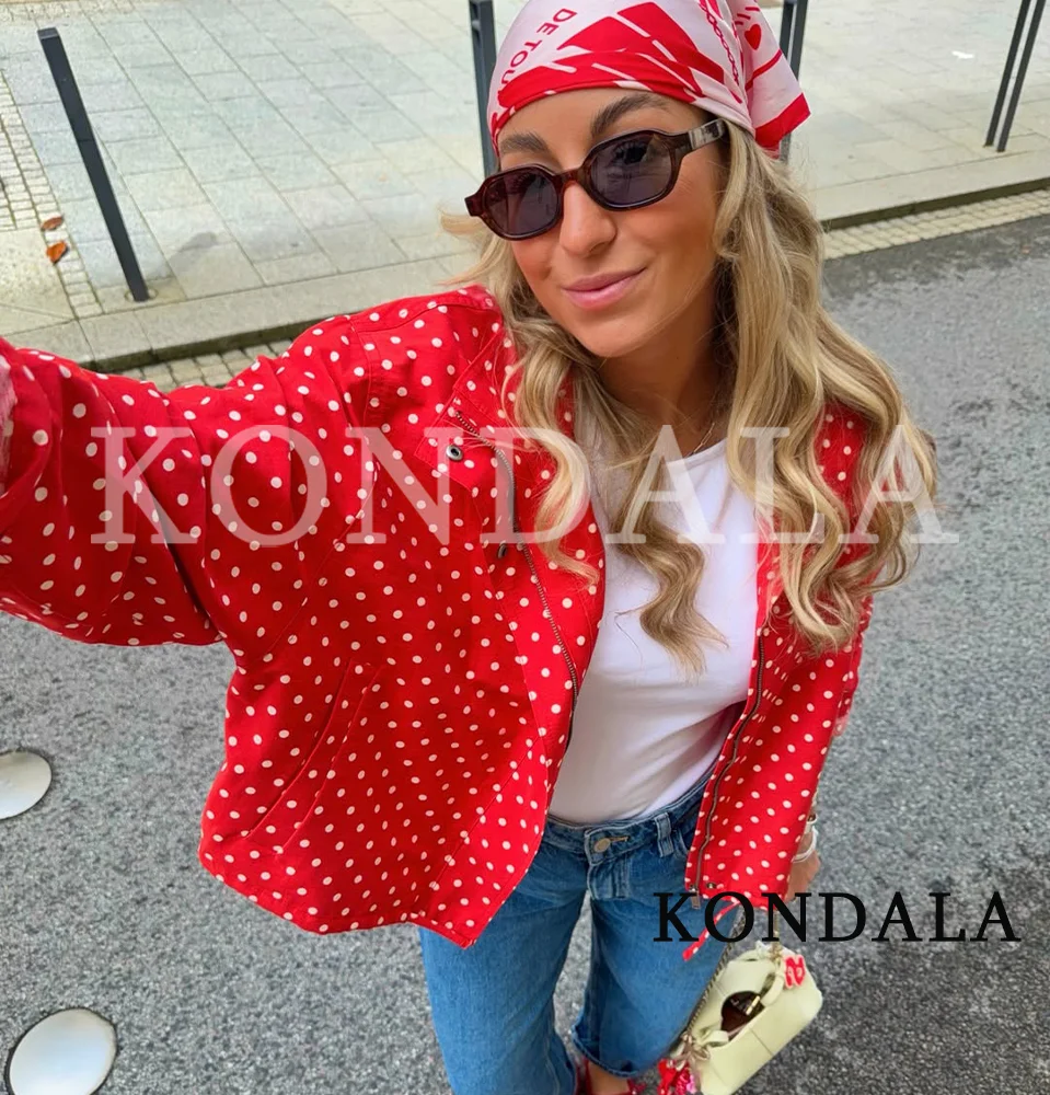Women Elegant Vibrant Polka Dot Red Jackets KONDALA 2026 Spring Summer Trendy High Street Stand-up Collar Zip-up Loose Jackets