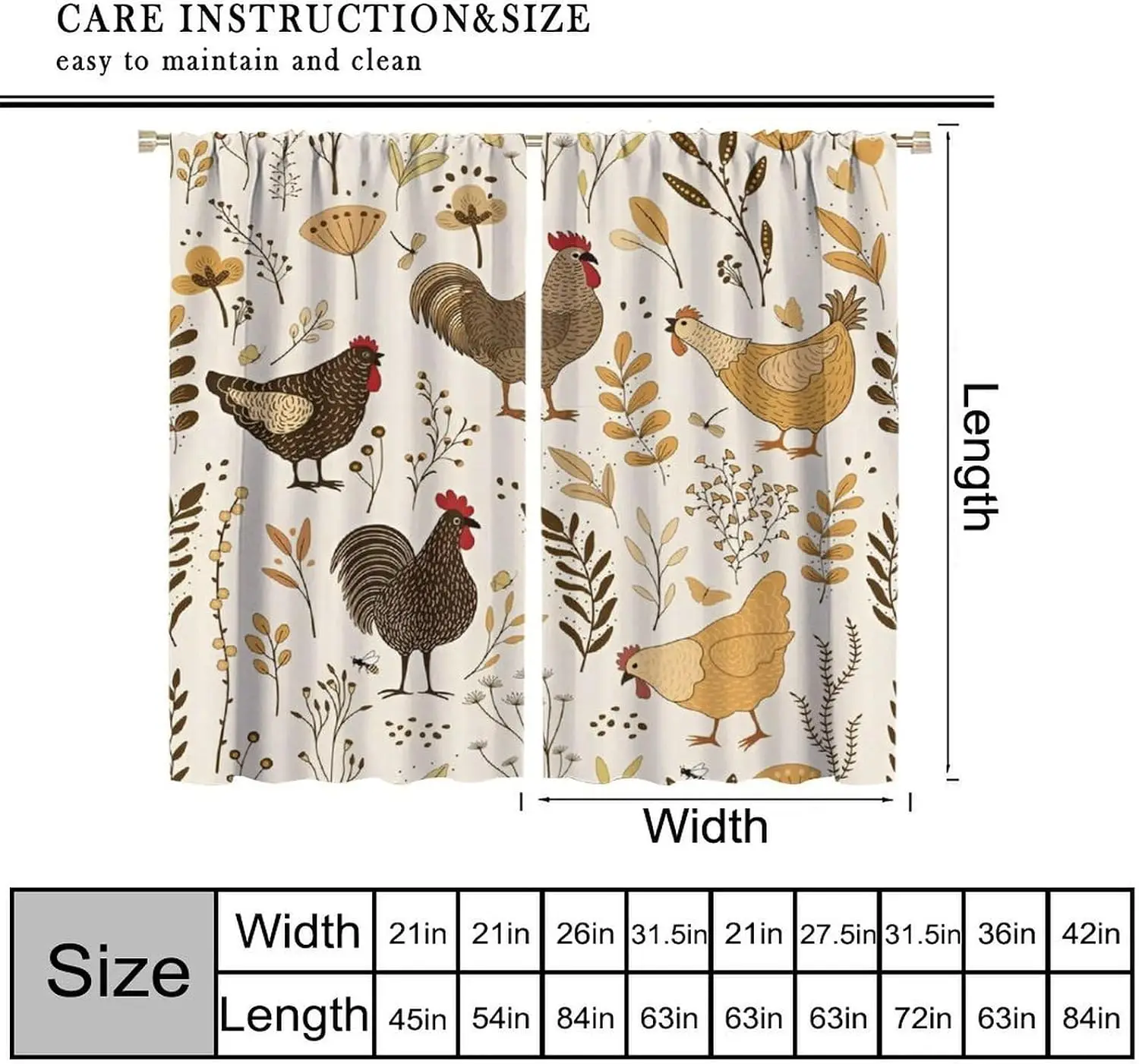 Farm Rooster Hen Floral Curtain Panels, Warm Tone Hand Drawn Chicken Leaf Butterfly Rural Print Drapes for Kitchen Dining Decor