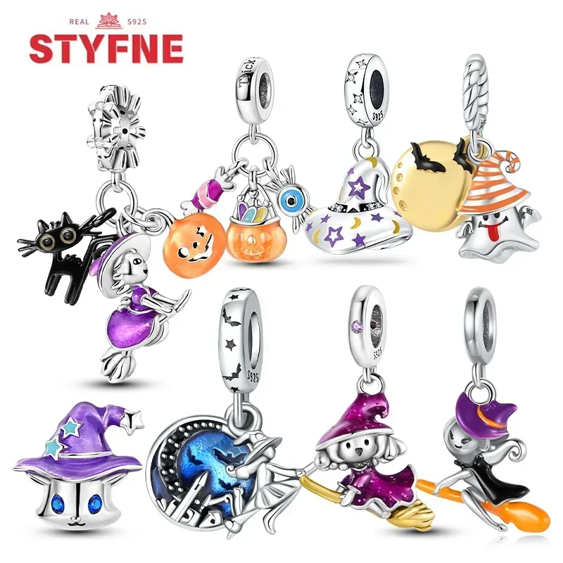 925 Sterling Silver Halloween Dangle Witch Magic Girl Charms Luminous Beads Fit Original Bracelet Diy Jewelry Gifts for Women