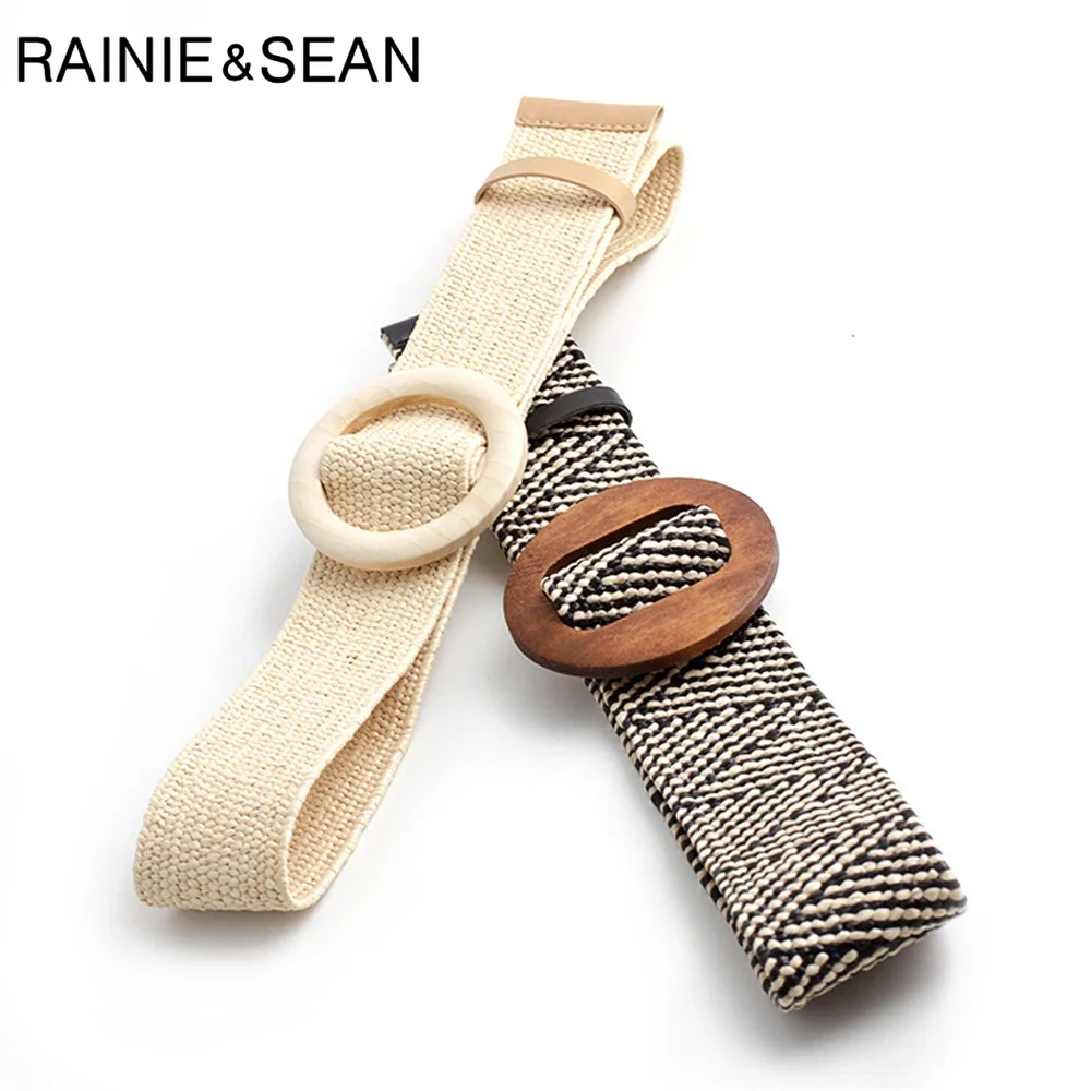 RAINIE SEAN Bohemian Straw Braided Wide Belt for Women Wood Buckle Ladies Dress Belt Fashion Female Strap Accessories Elastic