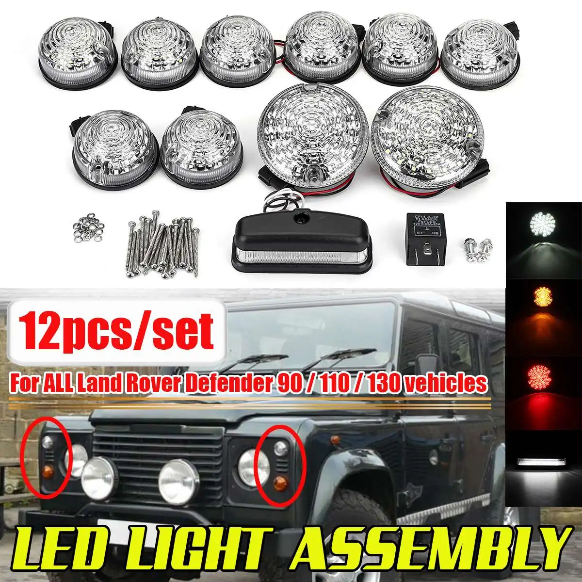 New 12x LED Lights Kit Fog Lamp Stop Reversing Signal Lamp Indicator License Plate Light For Land Rover Defender 90 110 130