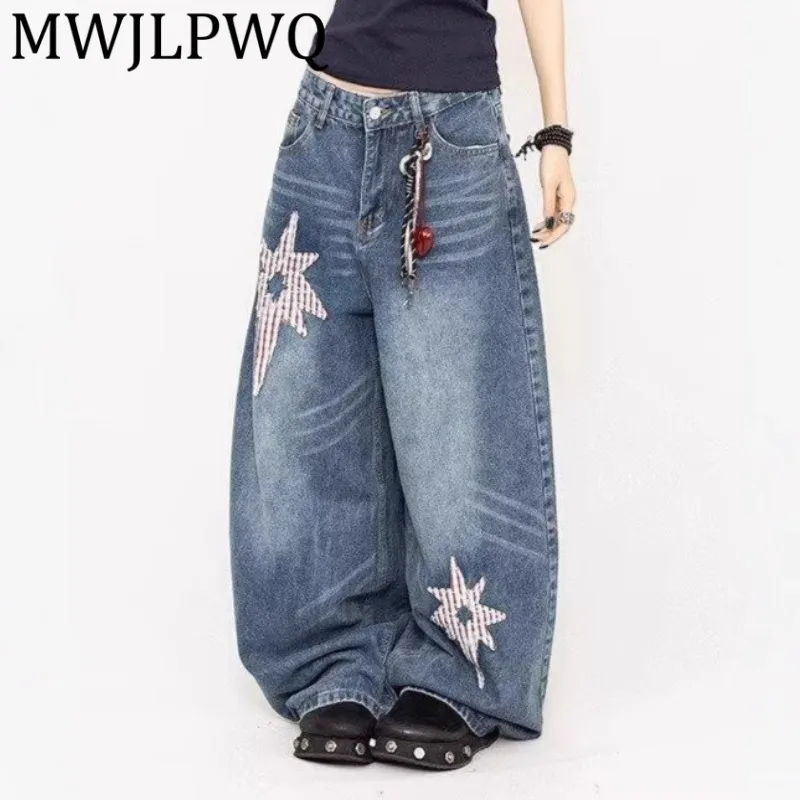 

MWJLPWQ Джинсы Machete с нашивкой Cat Whiskers, свободные широкие брюки унисекс в американском стиле, свободные широкие брюки с нишей, модные брюки 12023