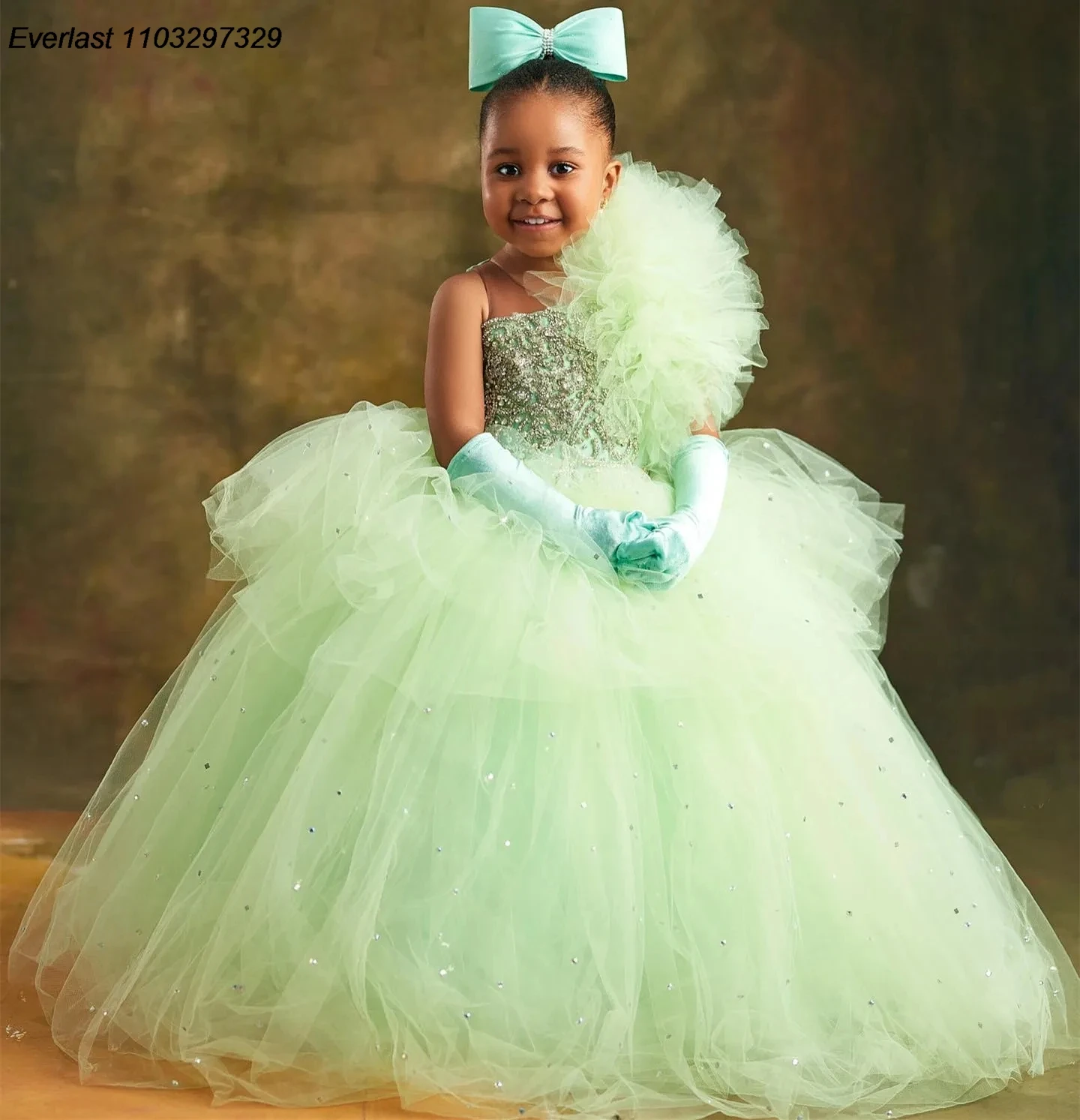 

EVLAS Mint Crystals Flower Girl Dress Ball Gown Tulle Beaded Vintage Little Girl Pageant Birthday Christening Dress Gowns TFD139