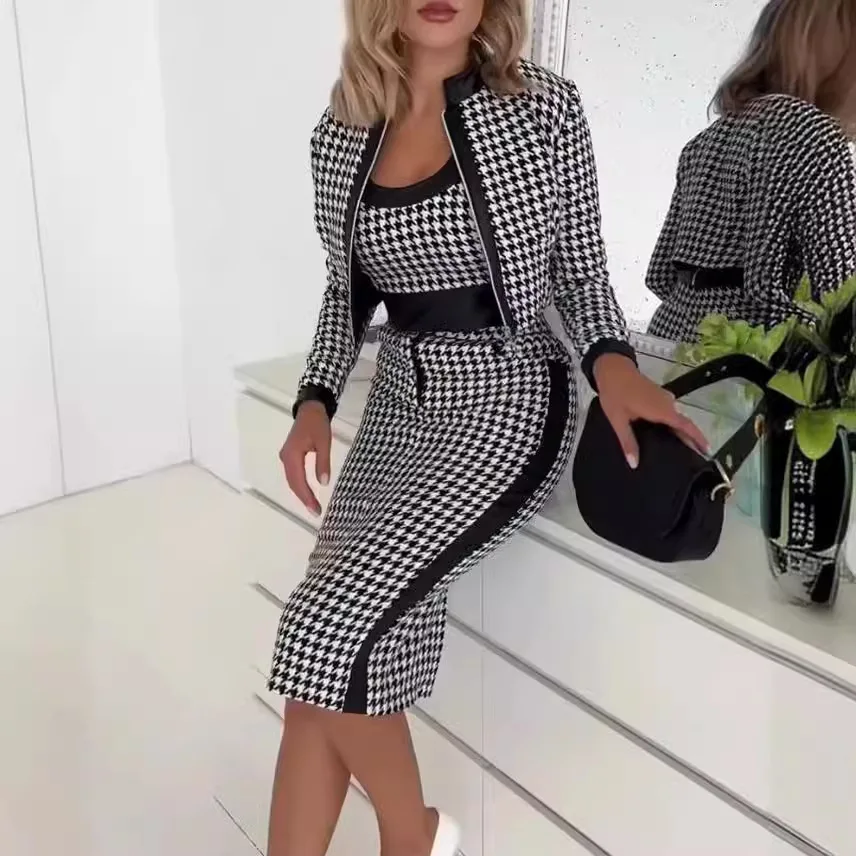 

Chic 3 Two Piece Set For Women Autumn Winter Spaghetti Top And Skirt Sets Elegant Office Houndstooth Print Dress With Coat Suit