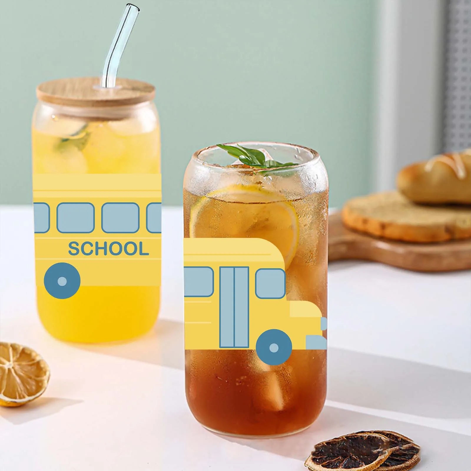School Bus Pattern 3d Printed 16oz Glass Tumbler Mug With Lid&Straw Coffee Glass Mug Creative Back To School Season Gift