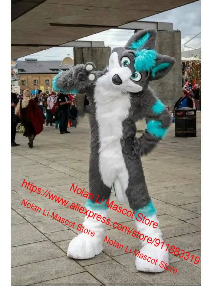 Hete Verkoop Lange Bont Blauwe Grijze Husky Hond Fox Wolf Mascotte Kostuum Volwassen Stripfiguur Buitenreclame Vakantie Banket 183