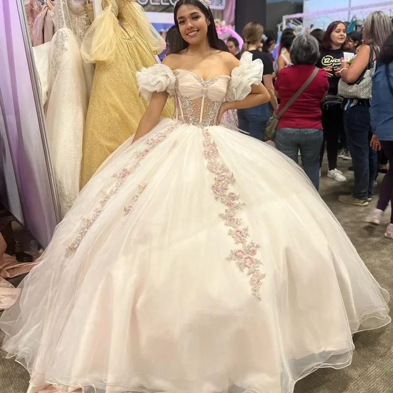 Khaki Off The Shoulder Ball Gown Quinceanera Dresses For Girls Beaded Applique Lace Birthday Party Gowns Lace Up Back vestidos15