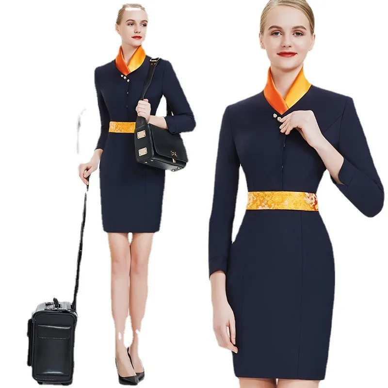 

New Hot Sale Airlines Flight Stewardess Uniform Professional Suit Female Office Work Etiquette Clothes Navy Blue Dress