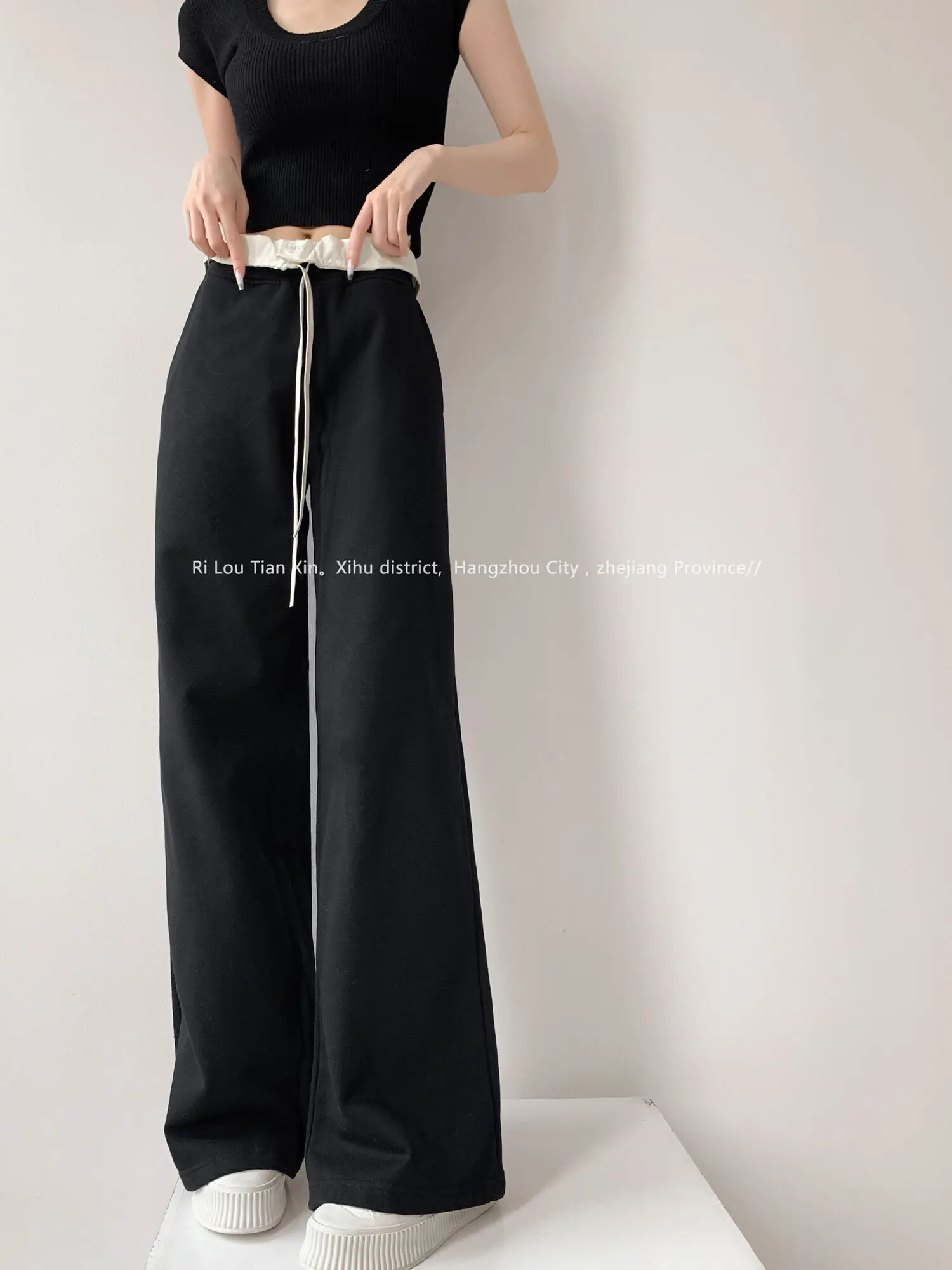 Early Autumn New American Double Waist Color Blocked Drawstring Wide Leg Pants Women Spicy Girl Loose Casual Pants F144