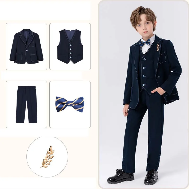90-170 Kids Spring 5Pieces/Set Jacket Vest Pants Bowtie Brooch Party Dress Boys Costume Children Graduation Photograph Suit