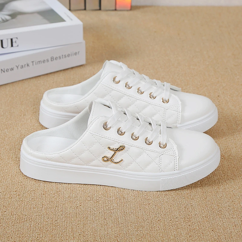 White Half Slippers Women Vulcanization Shoes Retro Low Top Flats Breathable Lazy Loafers Outdoor Walking Shoes Casual Sneakers