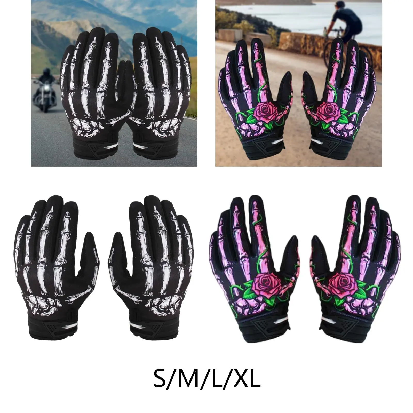 Skeleton Bones Pattern Motorcycle Gloves Anti Slip Breathable Cycling Gloves Riding Gloves for Halloween Props Multipurpose
