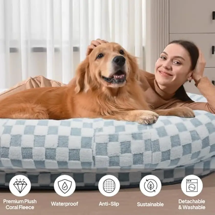 Human Dog Bed 74x50, Memory Foam Waterproof Liner Lounger,Blue Grid | Oversized memory foam bed for people & pets,washable cover