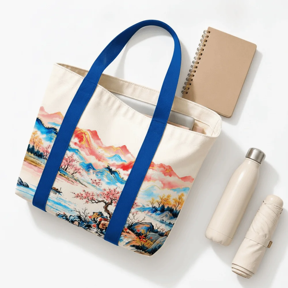 Cartoon Scenic Pattern Canvas Bag Reusable Large Capacity Shoulder Bag Versatile Lightweight Lunch Bag Women's Accessories