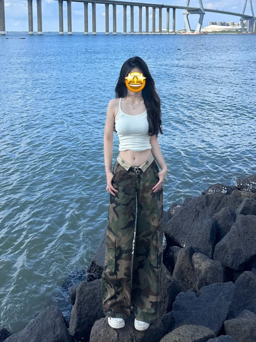 

Retro Camouflage Low Waist Workwear Denim Jeans Women's Spring Summer New American High Street Loose Slimming Drapey Wide Leg...