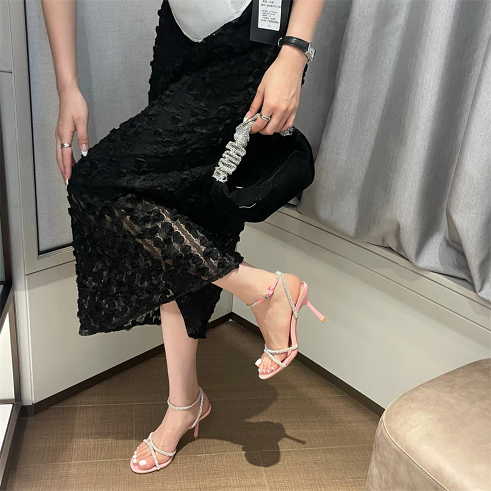 Sexy Women Sandals Rhinestone Chain Summer Dress Slides Ankle Strap Thin High Heels Black White Pink Ankle Strap Ladies Sandals