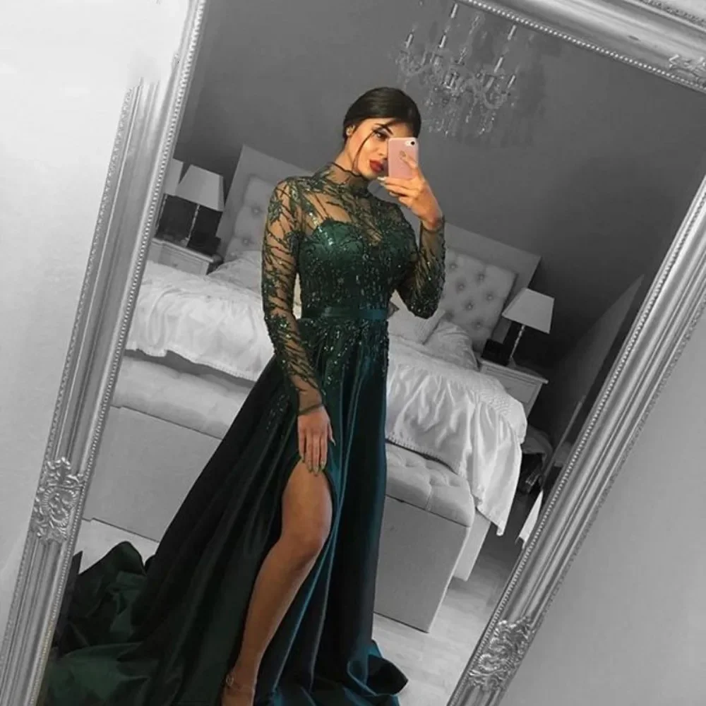 2023 A-Line Split Satin Sexy Party Prom Gowns Robe De Soiree Long Sleeve Lace Beaded Emerald Green Evening Dresses