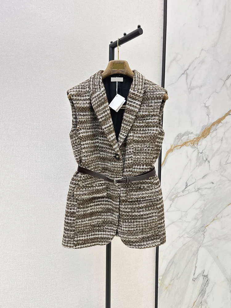Spring Summer Fashion Vintage Striped Long Style Jackets Women's Shawl Collar Sleeveless Fake Pocket Belt Single Breasted Coat