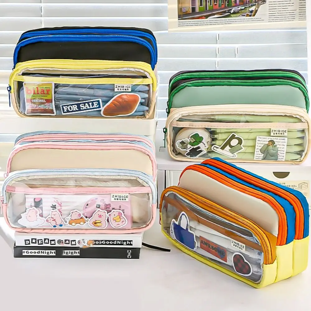 DIY Multi Layer Pencil Pouch Large Capacity Dust Prevention Pencil Storage Bag Canvas Badge Display Stationery Bag Kids