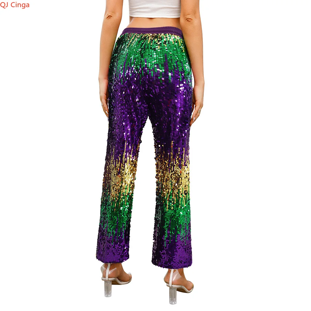 Shiny Sequin Pants for Women - Purple & Green Gradient Design, Elastic Waist, Festival/Party Wear, Casual Loose Fit Trousers