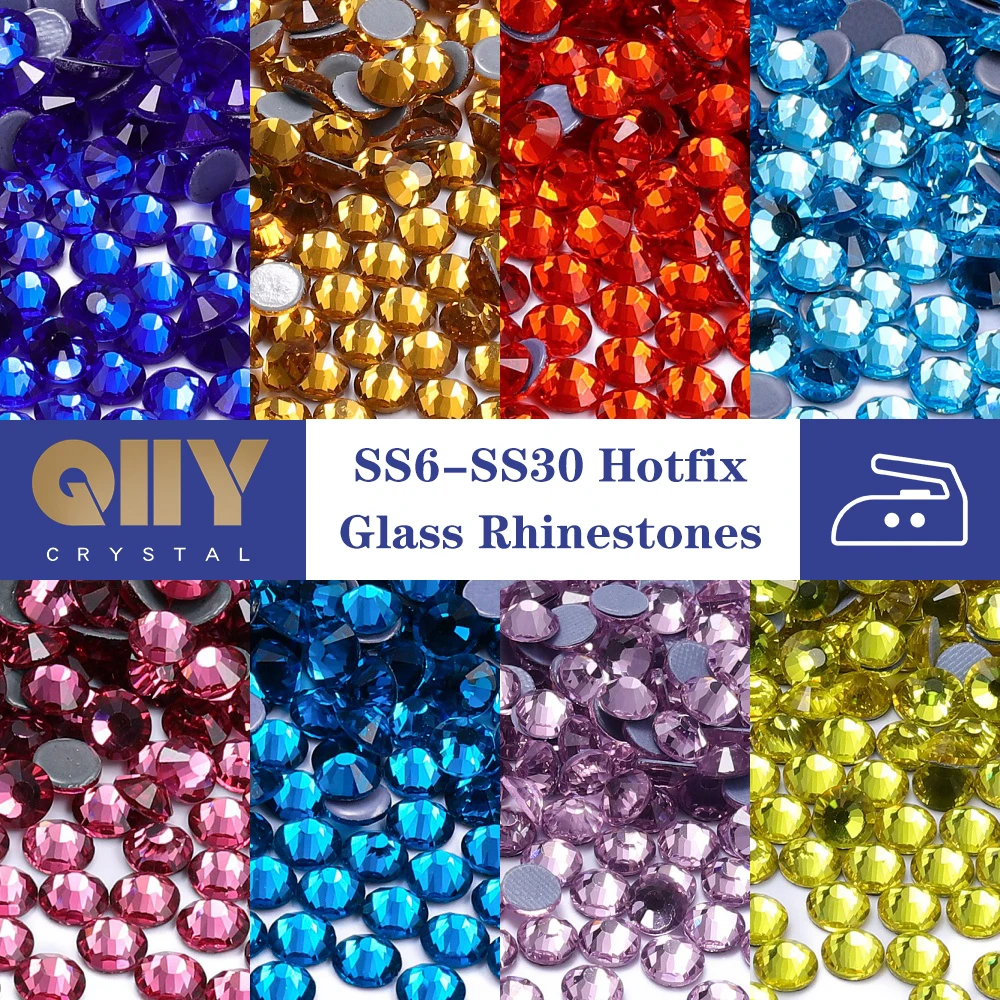

QIIY SS6-SS30 Multi Colors Glass Crystal Rhinestones Hot-fix Flatback Iron On Stones For Wedding Dress Fabric Clothes Decoration