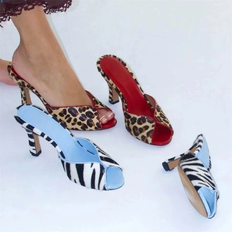 2026 Fashion Runway Women Shoes Multi-Color Mules Open Toe Stiletto Heel Party Sandals  Leopard Pattern Fur Fish Mouth Slippers
