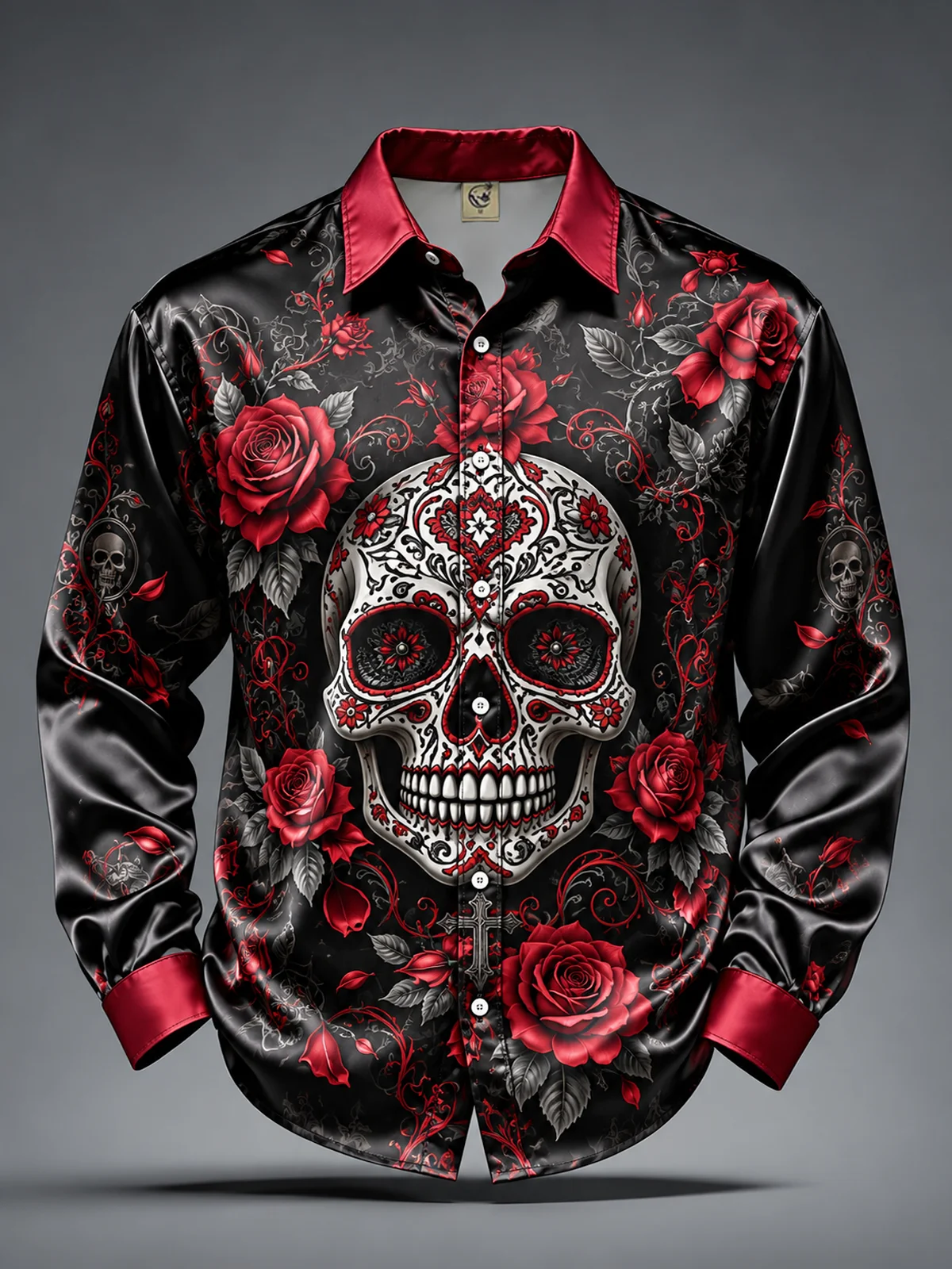 Men's Satin Long Sleeve Shirt Halloween Pumpkin Crow Print Gothic Party Dress Shirt