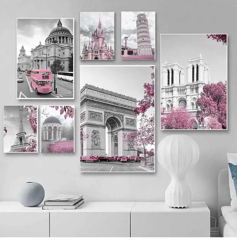 لوحة قماشية اسكندنافية لتزيين الغرف ، ملصقات ومطبوعات ، باريس ، زهرة ، فرنسا ، مدينة ، مبنى ، قلعة ، وردي وأسود