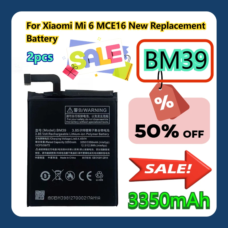 

For Xiaomi Mi 6 MCE16 3350mAh New BM39 Replacement Battery 2pcs