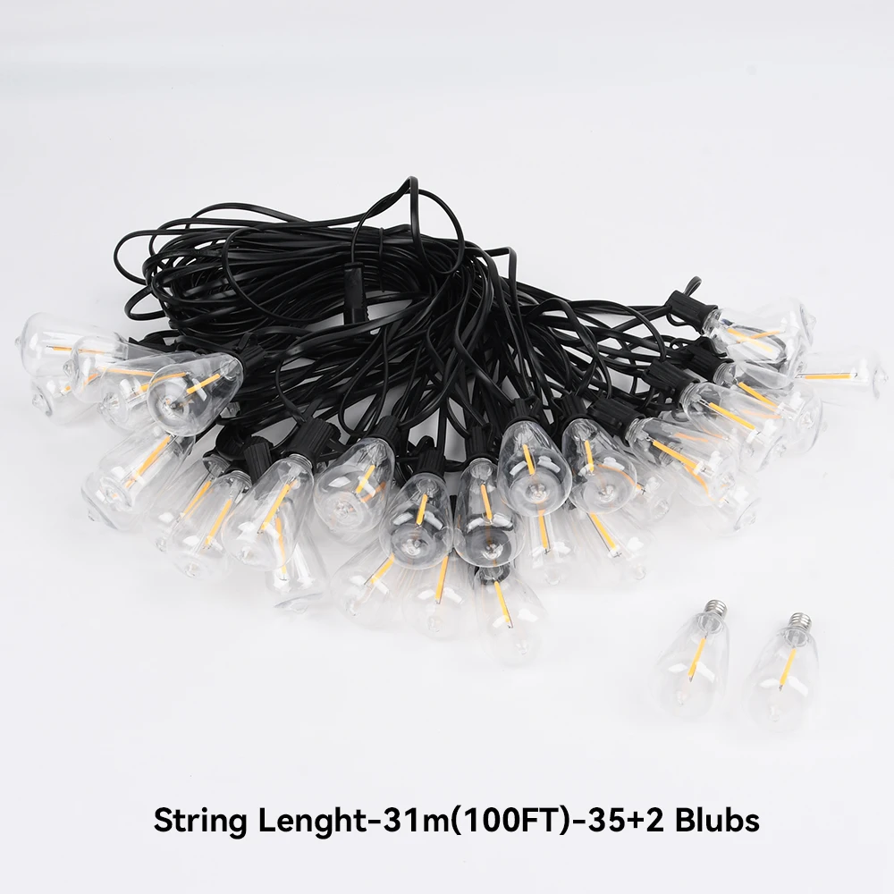 65FT Outdoor-Girlanden-Lichterkette, 48 LEDs + 2 bruchsichere ST38-Edison-Glühbirnen, wasserdicht, für Terrasse, Veranda, Garten, Hochzeit, Dekor, Lampen, 2200 K – Detail 9