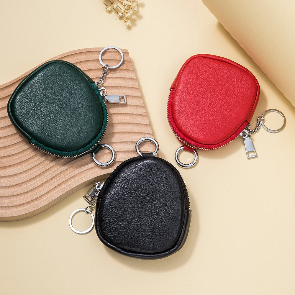 Genuine Leather Mini Wallet Women's Top Layer Cowhide Simple Keychain Coin Coin Purse Hanging Buckle Headset Powder Bag Red Pink