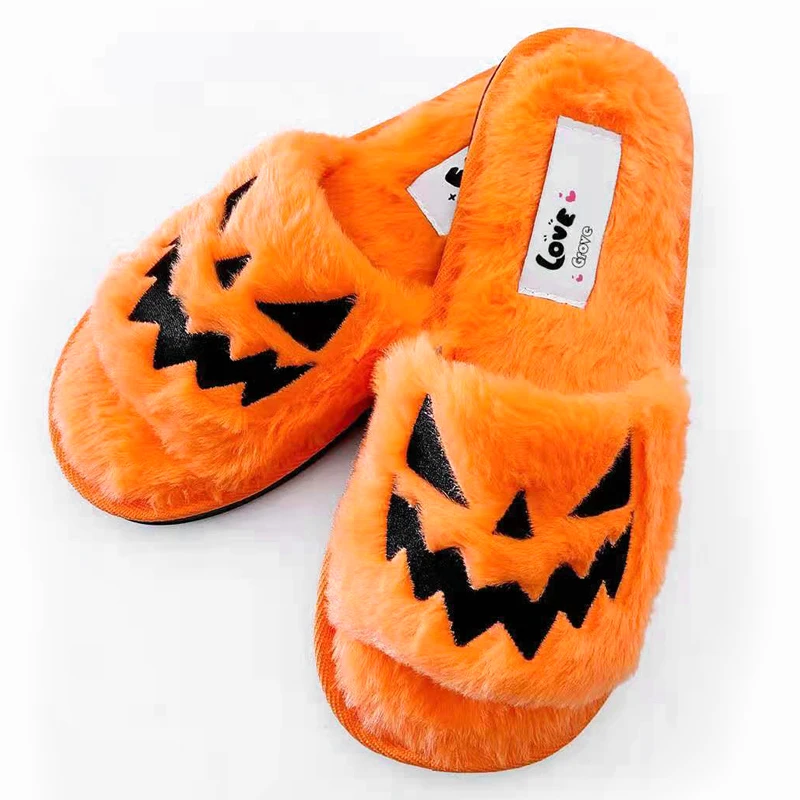 New Women Winter Fluffy Flat Slippers Soft Warm Shoes Home Shoes Halloween House Slippers Black Fluffy Couple Slippers Slides